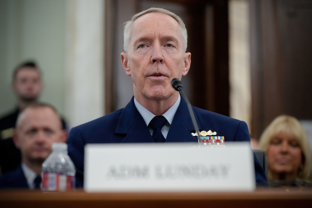 Adm. Kevin Lunday, acting commandant of the U.S. Coast Guard, speaks during a Senate Commerce, Science and Transportation Committee hearing on his nomination for Commandant of the Coast Guard, Wednesday, Nov. 19, 2025, on Capitol Hill in Washington. (AP Photo/Julia Demaree Nikhinson)