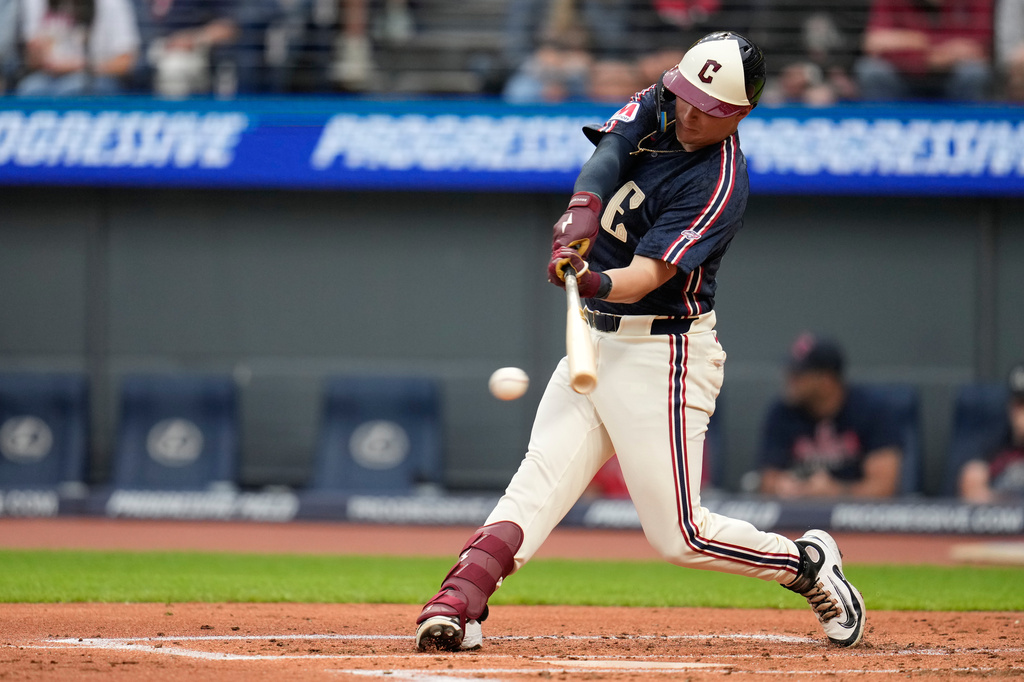 Cleveland Guardians' Cooper Ingle grounds out in the first inning of a baseball game against tghe Seattle Mariners in Cleveland, Friday, June 26, 2026. (AP Photo/Sue Ogrocki)
