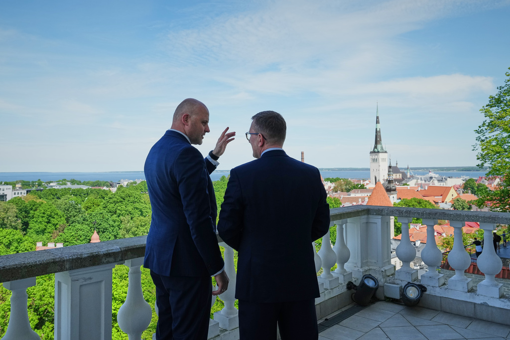 Estonia's Prime Minister Kristen Michal, right, talks with Latvia's Prime Minister Andris Kulbergs during their meeting at the Stenbock House in Tallinn, Estonia, Monday, June 8, 2026. (AP Photo/Sergei Grits)