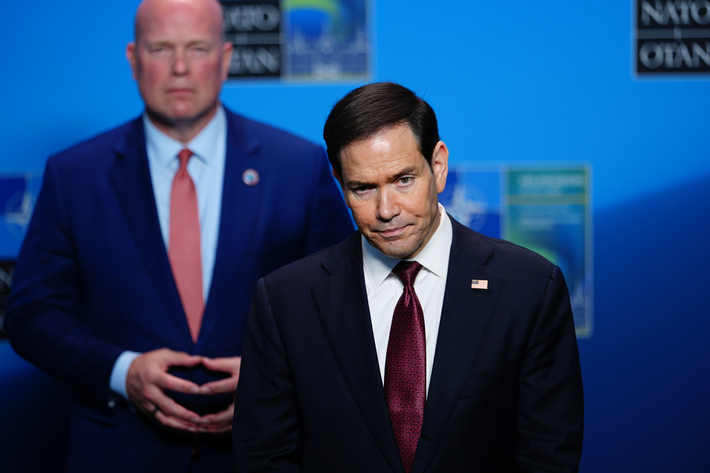 United States Secretary of State Marco Rubio speaks with journalists during a meeting of NATO foreign ministers in Helsingborg, Sweden, Friday, May 22, 2026. (AP Photo/Julia Demaree Nikhinson, Pool)