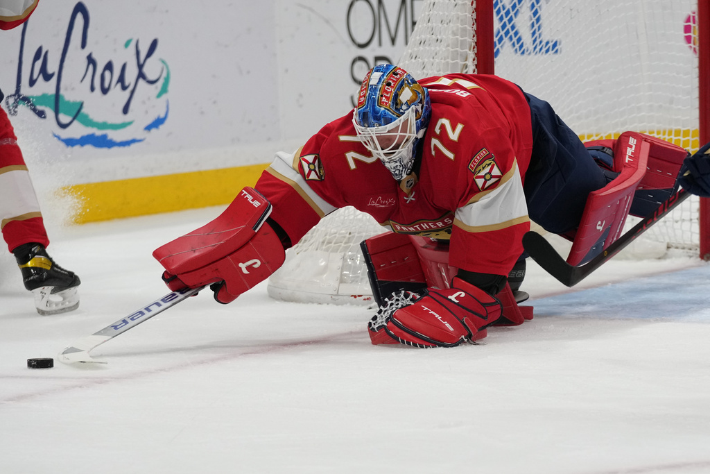 Florida Panthers goaltender Sergei Bobrovsky (72) defends the goal during the first period of an NHL hockey game against the Toronto Maple Leafs, Thursday, Feb. 26, 2026, in Sunrise, Fla. (AP Photo/Lynne Sladky)