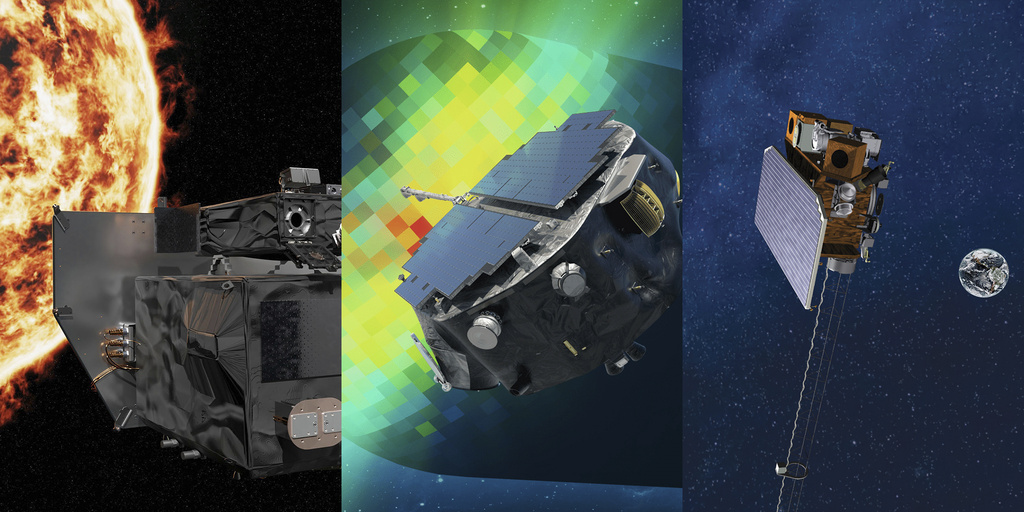 This image provided by NASA in September 2025 depicts from left, NASA’s Carruthers Geocorona Observatory, IMAP (Interstellar Mapping and Acceleration Probe), and the National Oceanic and Atmospheric Administration’s (NOAA) Space Weather Follow On-Lagrange 1 (SWFO-L1) satellite. (NASA via AP)