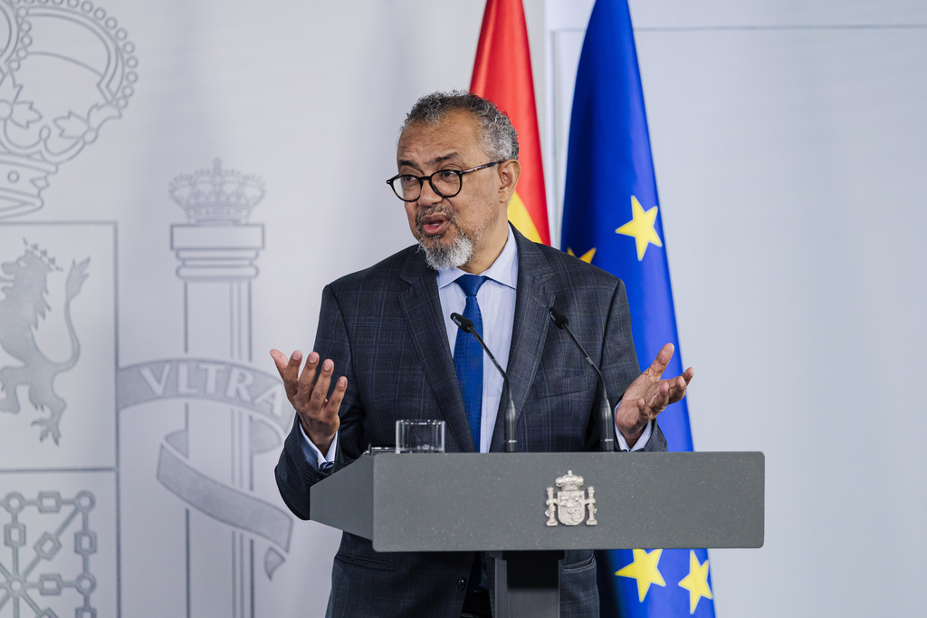 Director General of the World Health Organization (WHO) Tedros Adhanom Ghebreyesus gives a press conference at the Moncloa Palace in Madrid, Tuesday, May 12, 2026. (Carlos Luján/Europa Press via AP)