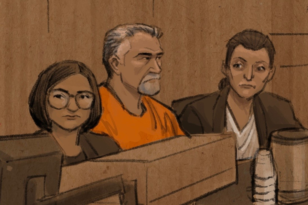 In this courtroom sketch, Vance Boelter, center, listens during his sentencing hearing on Thursday, July 23, 2026, in Minneapolis. (Cedric Hohnstadt via AP)
