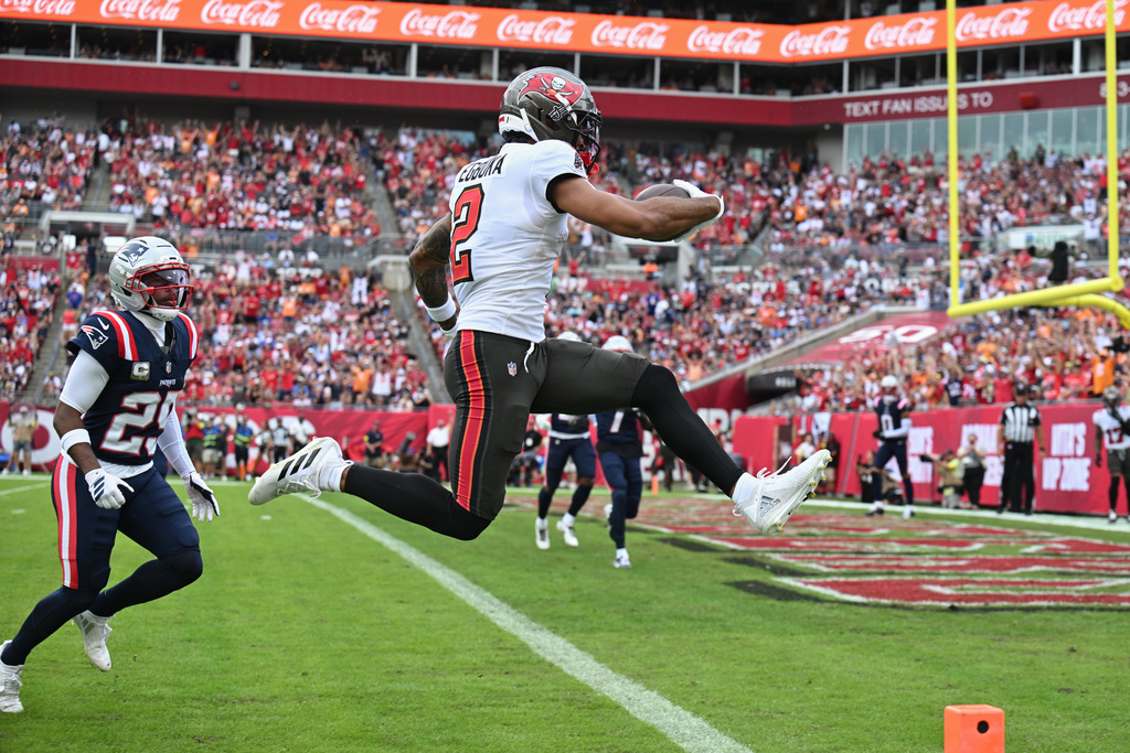 Tampa Bay Buccaneers wide receiver Emeka Egbuka (2) scores a touchdown against the New England Patriots during the first half of an NFL football game Sunday, Nov. 9, 2025, in Tampa, Fla. (AP Photo/Jason Behnken)
