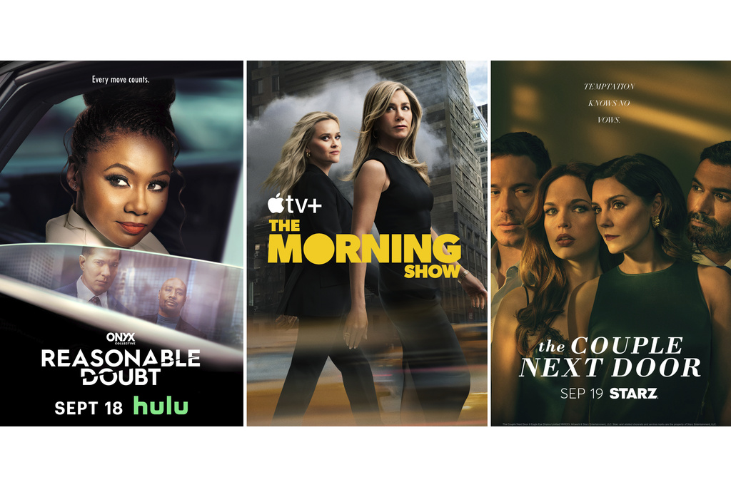 This combination of images shows promotional art for the series "Reasonable Doubt," left, "The Morning Show," center, and "The Couple Next Door." (Hulu/Apple TV+/Starz via AP)