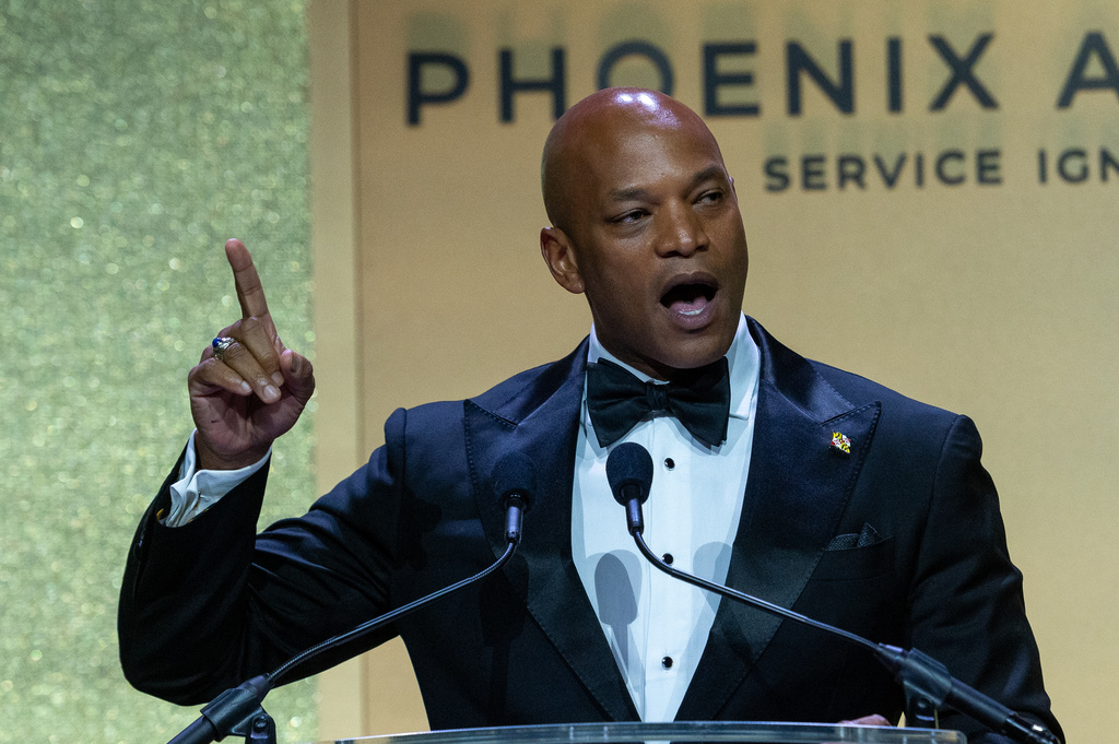 Maryland Gov. Wes Moore speaks during the Congressional Black Caucus Foundation Phoenix Awards Dinner, in Washington, Saturday, Sept. 27, 2025. (AP Photo/Cliff Owen)