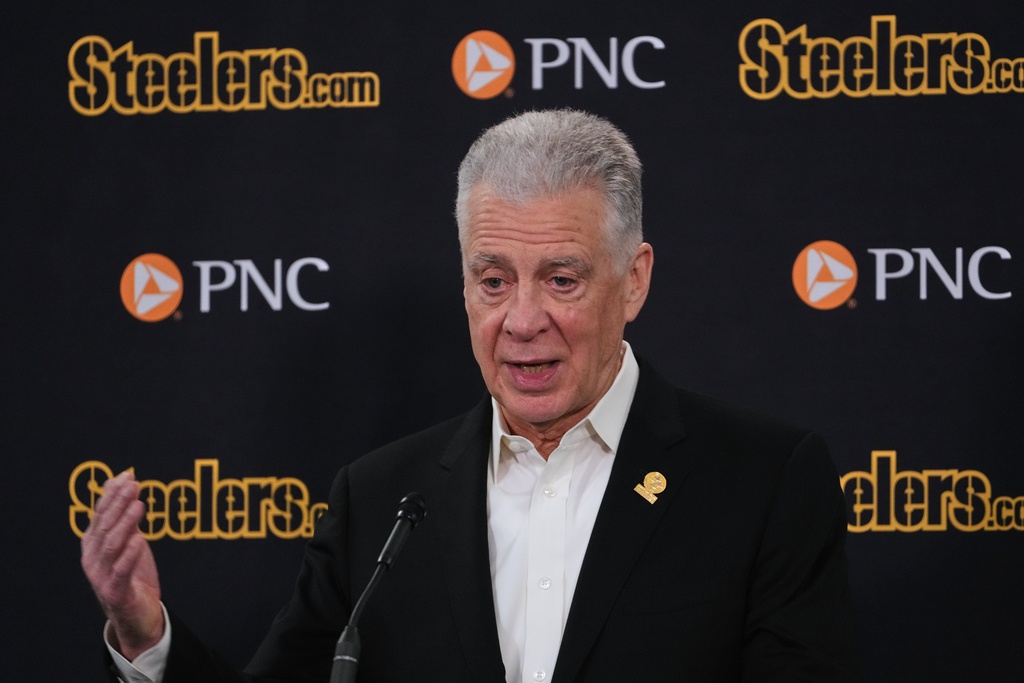 Pittsburgh Steelers owner Art Rooney II meets with reporters Wednesday, Jan. 14, 2026 in Pittsburgh. (AP Photo/Gene J. Puskar)