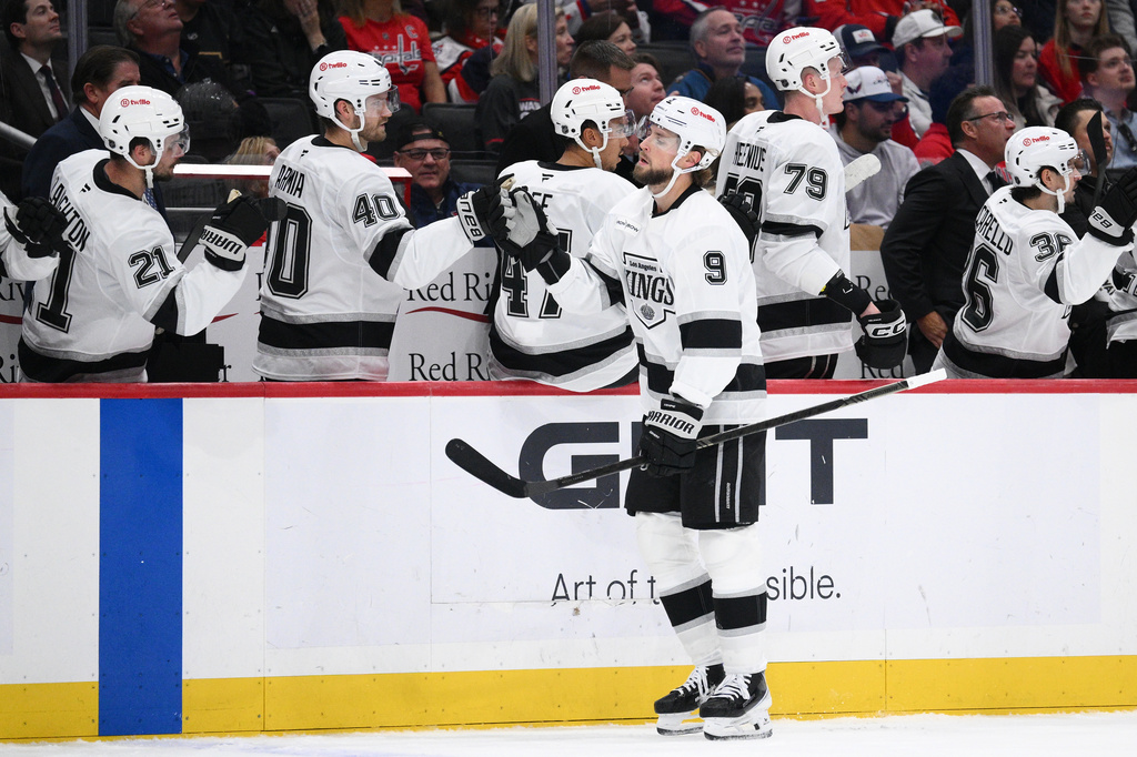 Los Angeles Kings right wing Adrian Kempe (9) celebrates his goal during the first period of an NHL hockey game against the Washington Capitals, Tuesday, Oct. 20, 2026, in Washington. (AP Photo/Nick Wass)