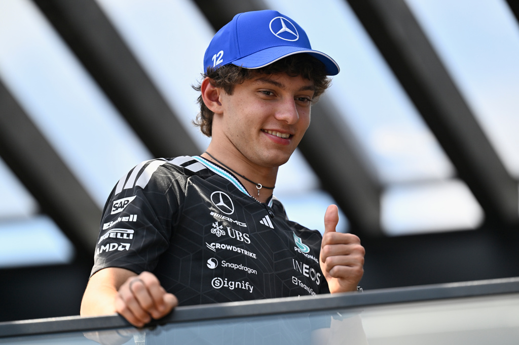 Mercedes driver Andrea Kimi Antonelli of Italy looks from a balcony at the paddock ahead of the Austrian F1 Grand Prix, in Spielberg, Austria, Thursday, June 25, 2026. (AP Photo/Denes Erdos)