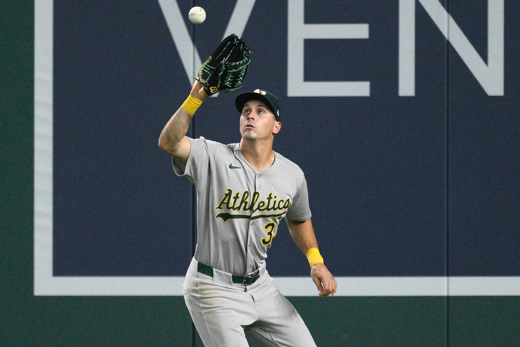 FILE - Athletics right fielder JJ Bleday (33) in action during a baseball game against the Washington Nationals, Wednesday, Aug. 6, 2025, in Washington. (AP Photo/Nick Wass, File)