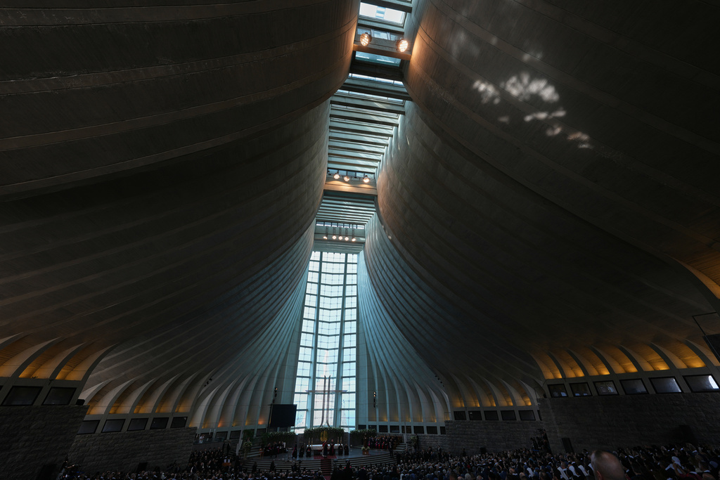 Pope Leo XIV meets with bishops, priests, consecrated people and pastoral workers at the Shrine of Our Lady of Lebanon in Harissa, Lebanon, Monday, Dec. 1, 2025. (AP Photo/Domenico Stinellis)
