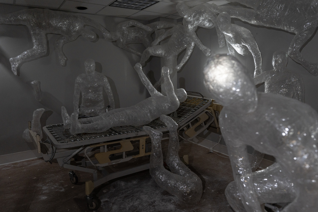 An installation by artist Dongpu Ling is displayed during the "Hospital of Emotions" exhibition inside a former hospital building in Los Angeles, Wednesday, July 22, 2026. (AP Photo/Jae C. Hong)