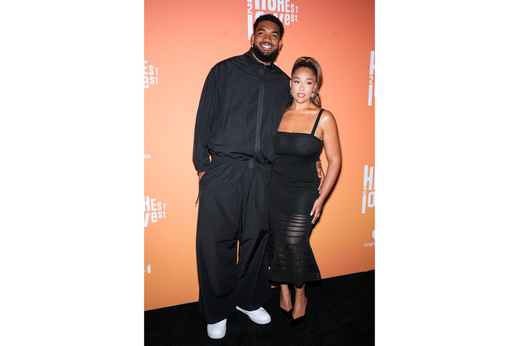 FILE - Karl-Anthony Towns, left, and Jordyn Woods attend the premiere of the "Highest 2 Lowest" at the Brooklyn Academy of Music Harvey Theater on Monday, Aug. 11, 2025, in New York. (Photo by Charles Sykes/Invision/AP, File)