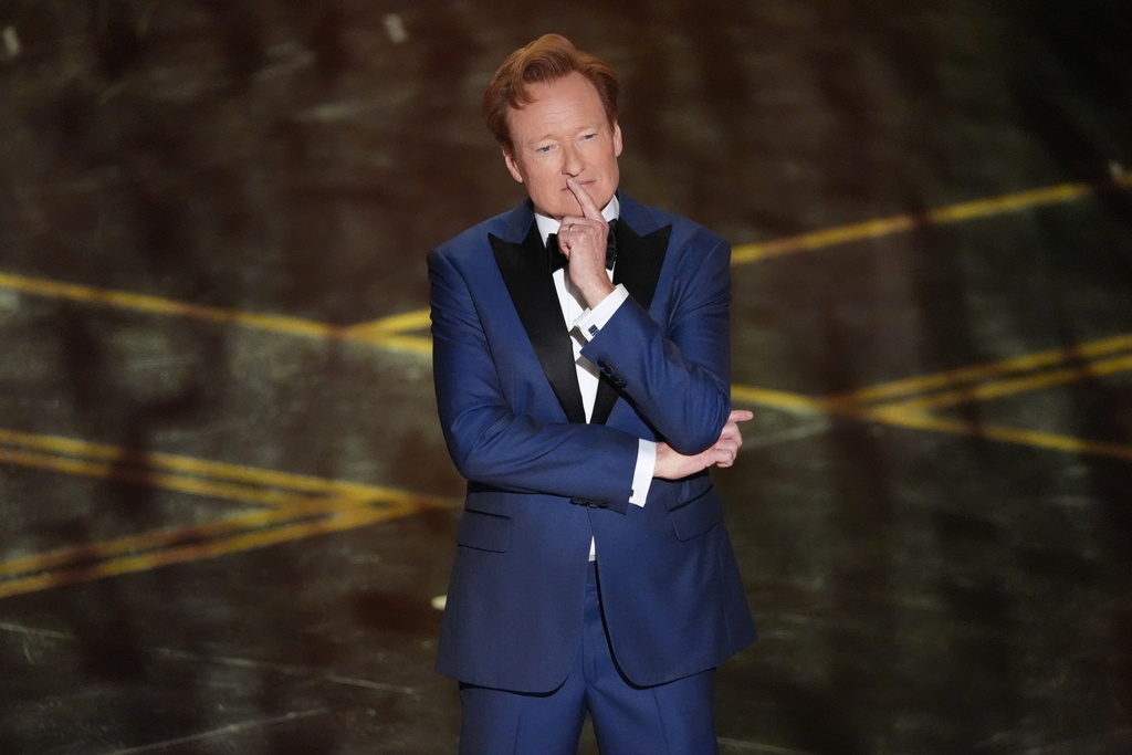 Host Conan O'Brien appears during the Oscars on Sunday, March 15, 2026, at the Dolby Theatre in Los Angeles. (AP Photo/Chris Pizzello)