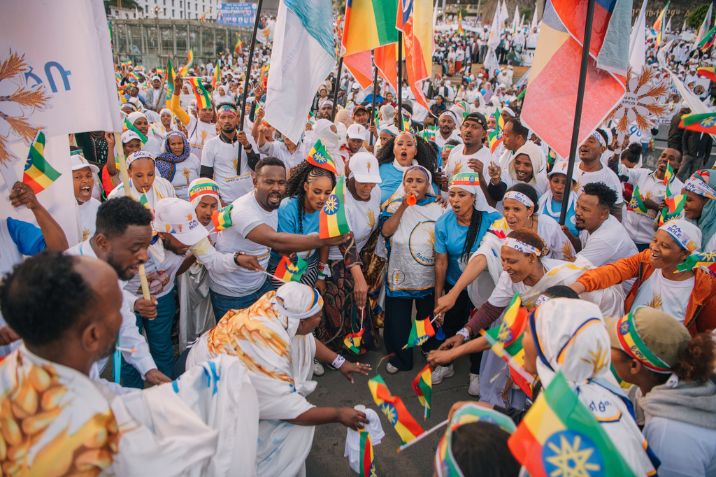 Supporters of Ethiopia's ruling Prosperity Party cheer at a rally ahead of the national elections in Addis Ababa, Ethiopia, Tuesday, May 26, 2026. (AP Photo/Amanuel Sileshi)