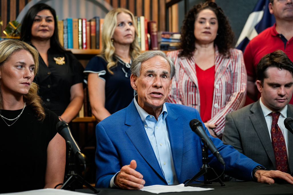 Texas Gov. Greg Abbott speaks at a press conference addressing foreign influence in public education at the Texas Public Policy Foundation in Austin, Tuesday, Aug. 18, 2026. (Sara Diggins/The San Antonio Express-News via AP)