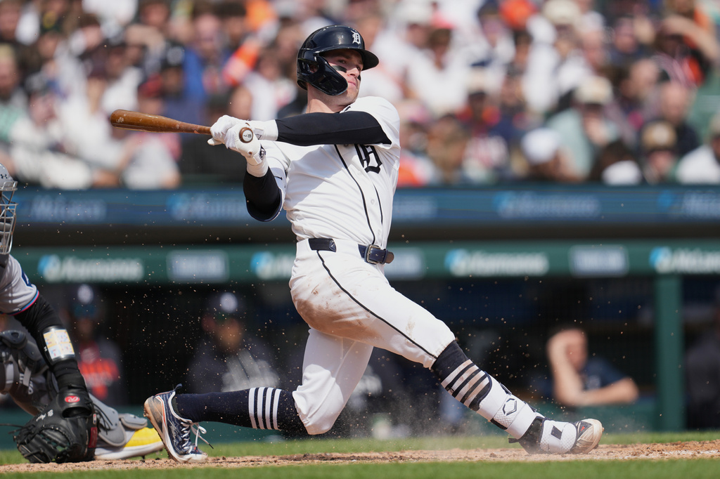 Detroit Tigers' Kevin McGonigle bats against the Miami Marlins during the sixth inning of a baseball game Sunday, April 12, 2026, in Detroit. (AP Photo/Paul Sancya)