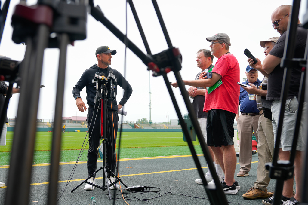 FILE - Green Bay Packers head coach Matt LaFleur speaks to media before NFL football practice, June 9, 2026, in Green Bay, Wis. (AP Photo/Kayla Wolf, File)