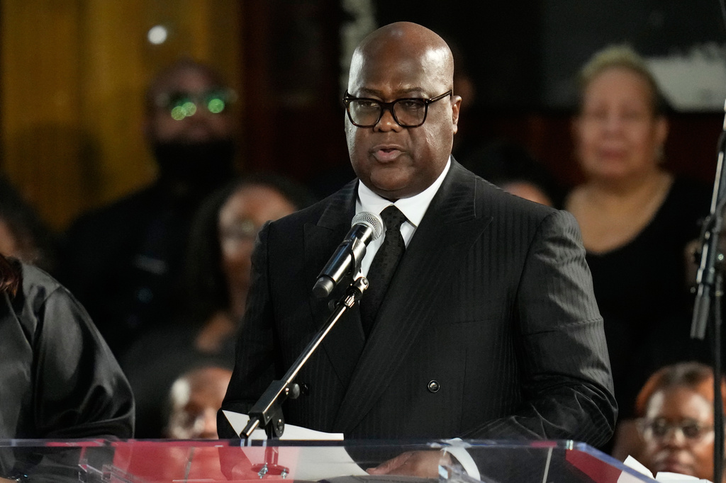 FILE - Democratic Republic of Congo President Felix-Antoine Tshisekedi Tshilombo speaks during the Homegoing Celebration of Life for the Rev. Jesse Jackson, March 7, 2026, at Rainbow PUSH Coalition headquarters in Chicago. (AP Photo/Erin Hooley, File)
