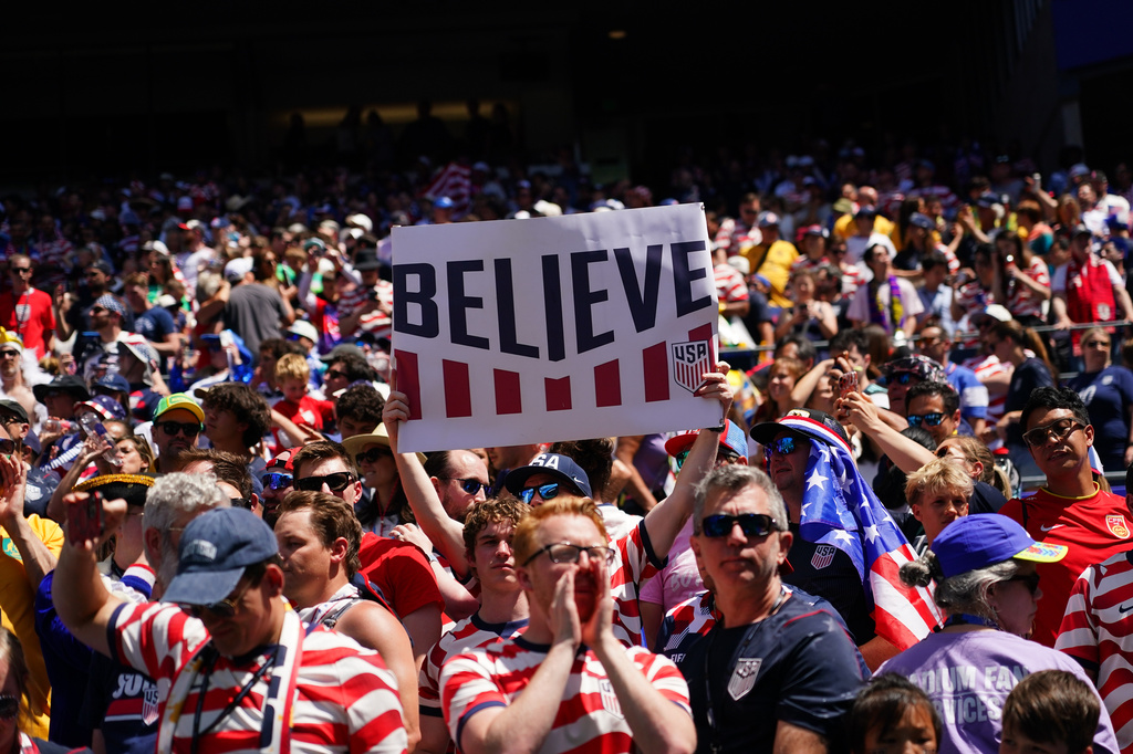 US fans react after the World Cup Group D soccer match between the United States and Australia in Seattle, Friday, June 19, 2026. (AP Photo/Ted S. Warren)