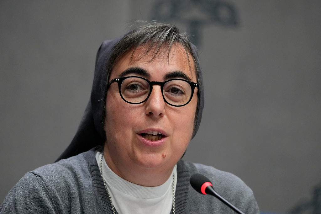 FILE - Sister Alessandra Smerilli, secretary general of the Vatican Dicastery for Promoting Integral Human Development, attends a press conference at the Vatican, Tuesday, Sept. 30, 2025. (AP Photo/Gregorio Borgia, File)