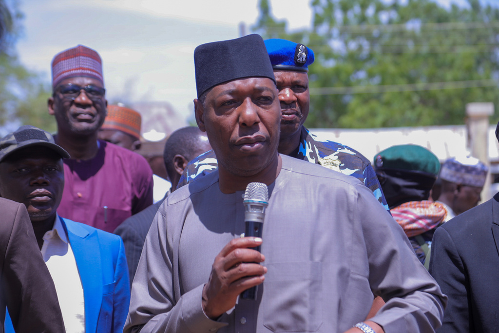 Babagana Zulum, Borno state governor, speaks in Pulka, Nigeria, Friday, March 6, 2026., to people who have fled from an attack by Islamic militants in Ngoshe. (AP Photo/Jossy Ola)
