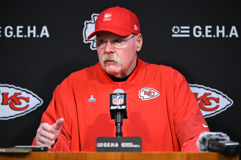 Kansas City Chiefs head coach Andy Reid speaks to the media after an NFL football game against the Tennessee Titans, Sunday, Dec. 21, 2025, in Nashville, Tenn. (AP Photo/John Amis)