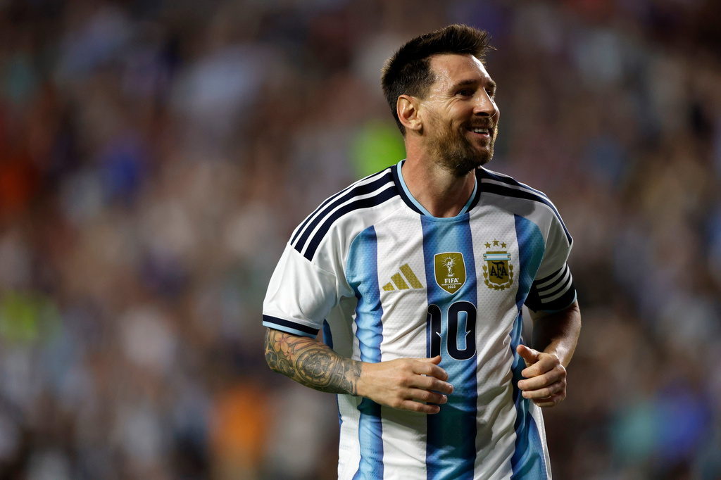 Argentina forward Lionel Messi reacts after a missed goal during the second half of an international friendly match against Iceland, Tuesday, June 9, 2026, in Auburn, Ala. (AP Photo/Butch Dill)