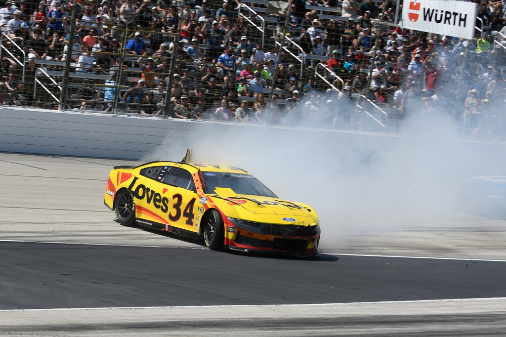 Todd Gilliland (34) loses control during a NASCAR Cup Series auto race at Texas Motor Speedway in Fort Worth, Texas, Sunday, May 3, 2026. (AP Photo/Randy Holt)