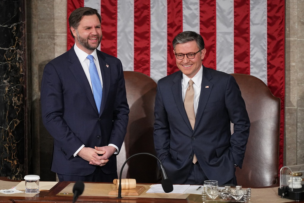 Vice President JD Vance and House Speaker Mike Johnson of La., arrive before President Donald Trump delivers the State of the Union address to a joint session of Congress in the House chamber at the U.S. Capitol in Washington, Tuesday, Feb. 24, 2026. (AP Photo/Matt Rourke)