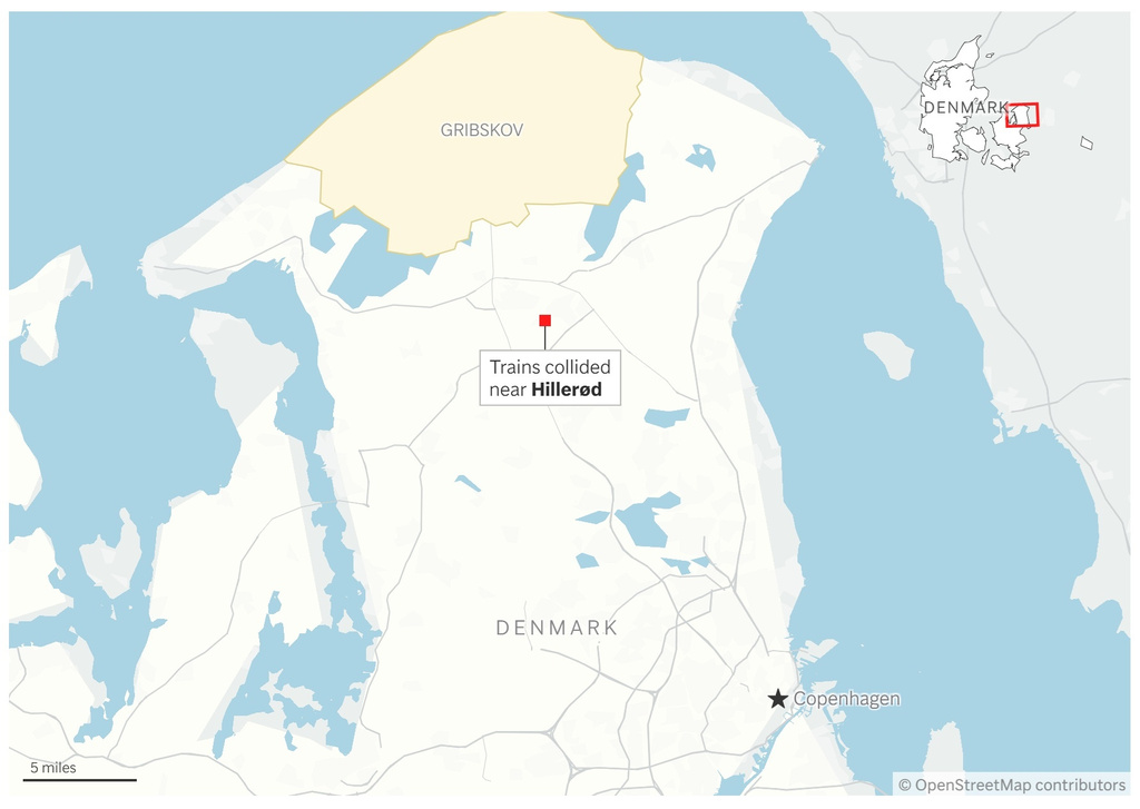 A map showing the approximate location of the train crash near Hillerød. (AP Digital Embed)