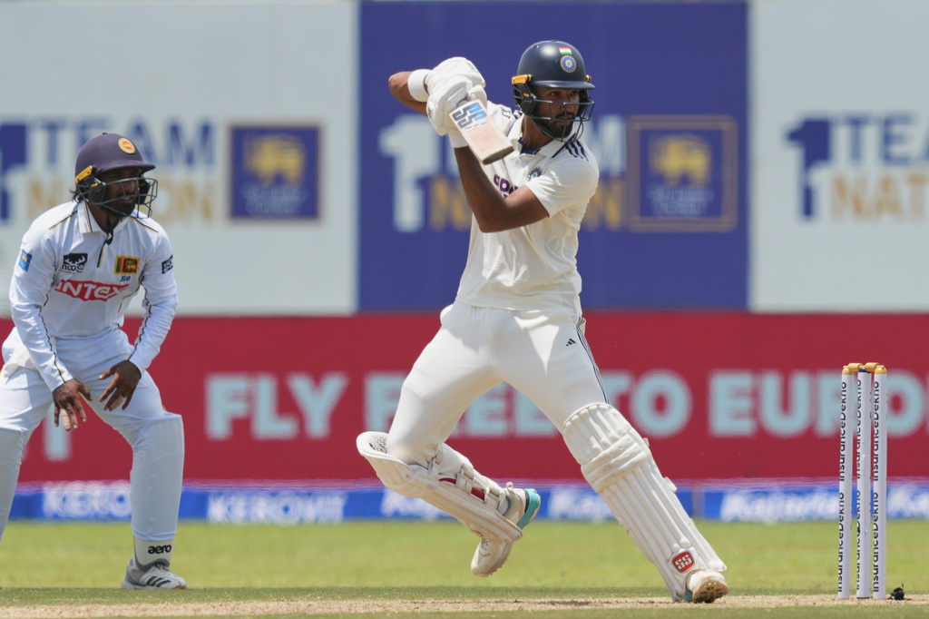 India's Devdutt Padikkal plays a shot during the day one of the first cricket test match between Sri Lanka and India in Galle, Sri Lanka, Saturday, Aug. 15, 2026. (AP Photo/Eranga Jayawardena)