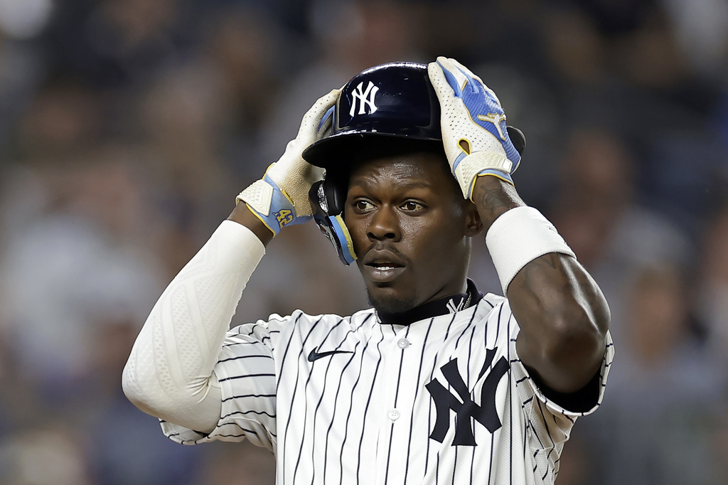 New York Yankees' Jazz Chisholm Jr. reacts after being called out on strikes during the second inning of a baseball game against the Toronto Blue Jays, Friday, Sept. 5, 2025, in New York. (AP Photo/Adam Hunger)