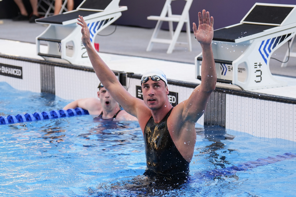 Kristian Gkolomeev, of Greece, celebrates after winning the men's 100-meter freestyle final at the Enhanced Games in Las Vegas, Sunday, May 24, 2026. (AP Photo/Jae C. Hong)