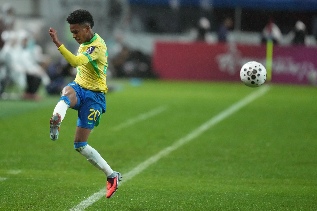 Brazil's Estevao kicks the ball during the international friendly soccer match between South Korea and Brazil at Seoul World Cup Stadium in Seoul, South Korea, Friday, Oct. 10, 2025. (AP Photo/Lee Jin-man)