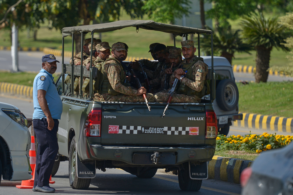 Army troops patrol ahead of the second round of the U.S. Iran officials talks in Islamabad, Sunday, April 19, 2026. (AP Photo/M.A. Sheikh)