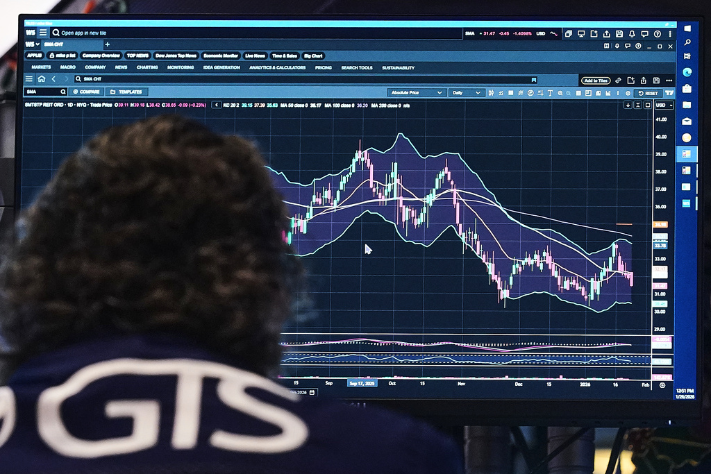 Specialist Michael Pistillo works at his post on the floor of the New York Stock Exchange, Monday, Jan. 26, 2026. (AP Photo/Richard Drew)