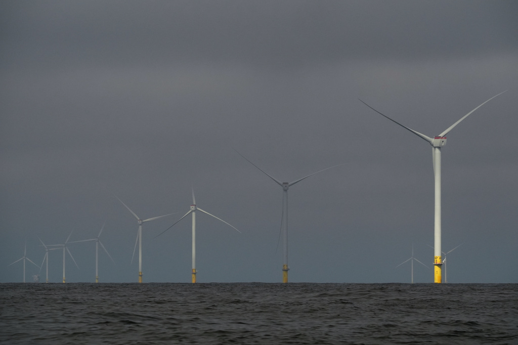 Turbines operate at South Fork Wind offshore wind farm off the coast of Block Island, R.I., Thursday, April 23, 2026. (AP Photo/Joshua A. Bickel)