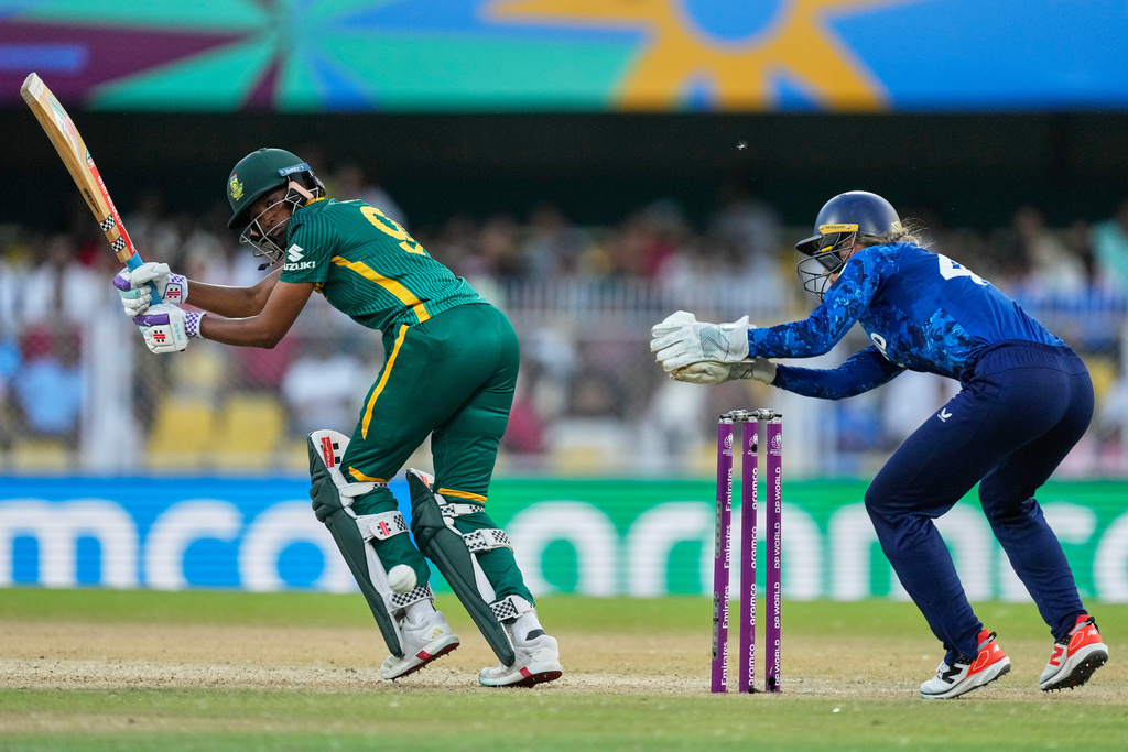 South Africa's Ayabonga Khaka plays a shot during the ICC Women's Cricket World Cup match between England and South Africa at Barsapara Cricket Stadium in Guwahati, India, Friday, Oct. 3, 2025. (AP Photo/Anupam Nath)