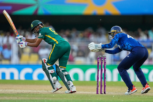 South Africa's Ayabonga Khaka plays a shot during the ICC Women's Cricket World Cup match between England and South Africa at Barsapara Cricket Stadium in Guwahati, India, Friday, Oct. 3, 2025. (AP Photo/Anupam Nath) South Africa's Ayabonga Khaka plays a shot during the ICC Women's Cricket World Cup match between England and South Africa at Barsapara Cricket Stadium in Guwahati, India, Friday, Oct. 3, 2025. (AP Photo/Anupam Nath)