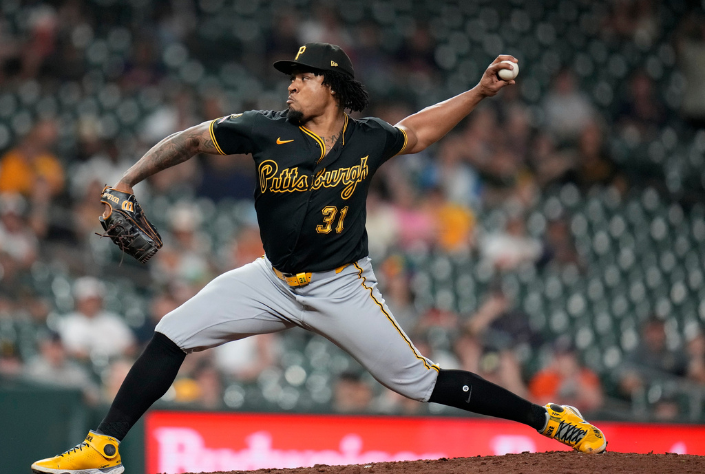 Pittsburgh Pirates pitcher Gregory Soto delivers to Houston Astros' Yordan Alvarez during the eighth inning of a baseball game, Wednesday, June 3, 2026, in Houston. (AP Photo/Karen Warren)