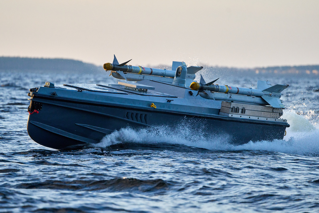 A sea drone Magura V7 of Ukraine's Defence Intelligence equipped with surface-to-air missiles rides in an undisclosed location in Ukraine, Saturday, Dec. 6, 2025. (AP Photo/Efrem Lukatsky)