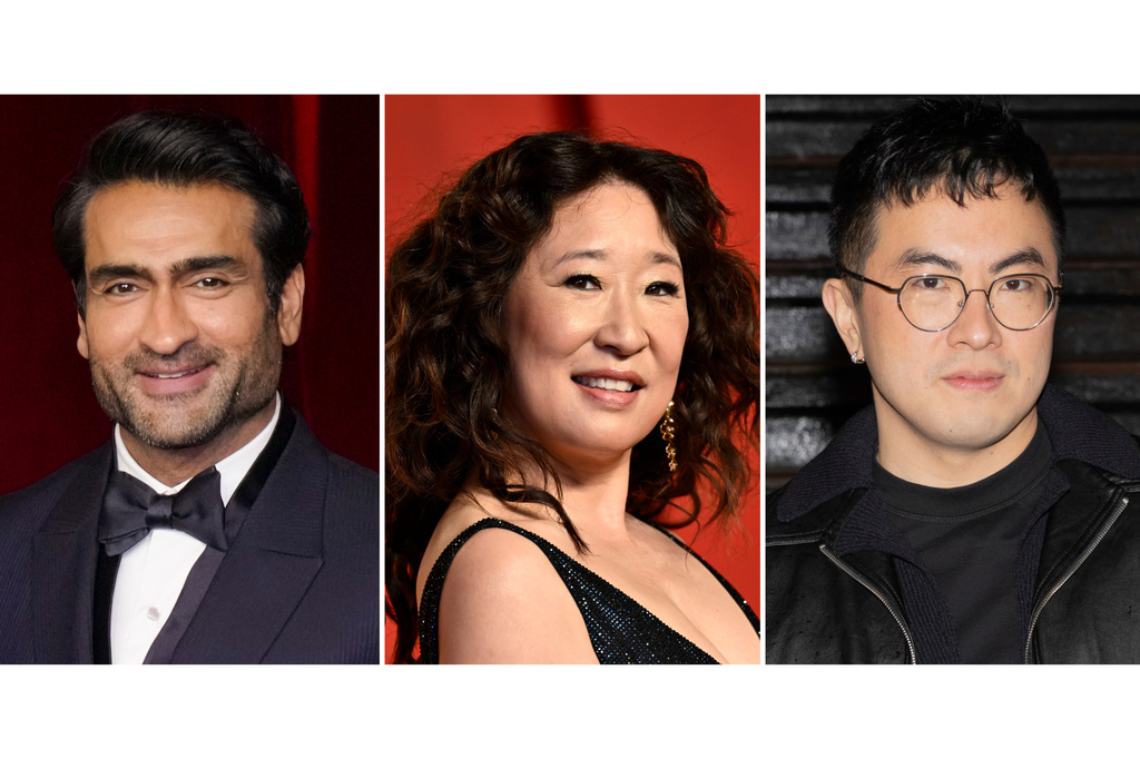 This combination of images shows actors, from left, Kumail Nanjiani, Sandra Oh, and Bowen Yang. (AP Photo)