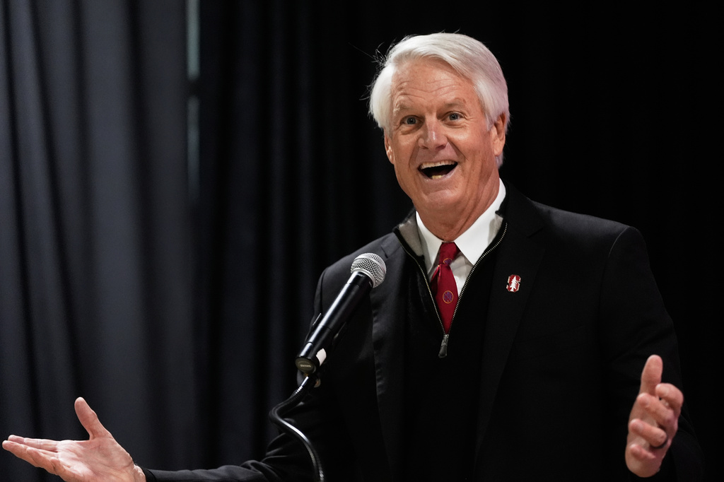 FILE - Director and Chair of Athletics John Donahoe speaks at a news conference in Stanford, Calif., Dec. 2, 2025. (AP Photo/Jeff Chiu, File)