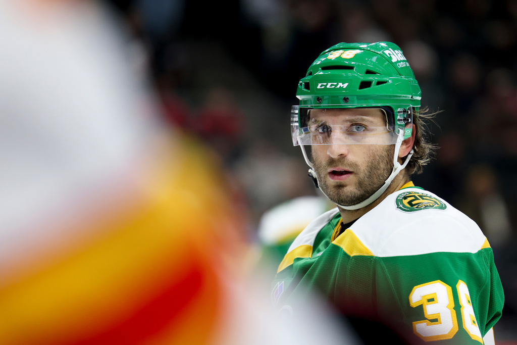 Minnesota Wild right wing Ryan Hartman looks on before a faceoff against the Calgary Flames during the first period of an NHL hockey game Sunday, Nov. 9, 2025, in St. Paul, Minn. (AP Photo/Ellen Schmidt)