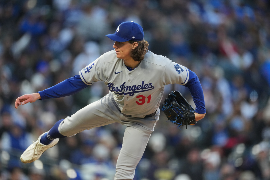 Los Angeles Dodgers starting pitcher Tyler Glasnow works against the Colorado Rockies in the second inning of a baseball game Friday, April 17, 2026, in Denver. (AP Photo/David Zalubowski)
