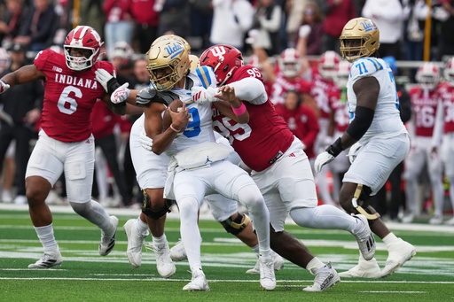 UCLA quarterback Nico Iamaleava (9) is sacked by Indiana defensive lineman Tyrique Tucker (95) during the first half of an NCAA college football game, Saturday, Oct. 25, 2025, in Bloomington, Ind. (AP Photo/Darron Cummings) UCLA quarterback Nico Iamaleava (9) is sacked by Indiana defensive lineman Tyrique Tucker (95) during the first half of an NCAA college football game, Saturday, Oct. 25, 2025, in Bloomington, Ind. (AP Photo/Darron Cummings)