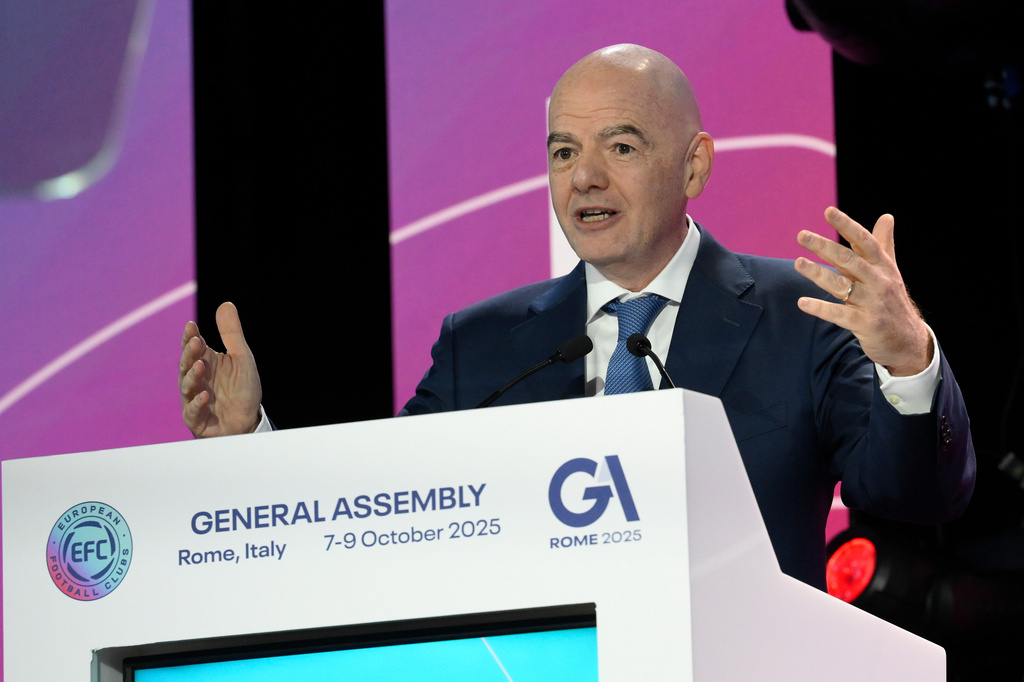 FILE - FIFA President Gianni Infantino speaks during the 32nd European Football Clubs General Assembly in Rome, Italy, Thursday Oct. 9, 2025. (Fabrizio Corradetti/LaPresse via AP, File)