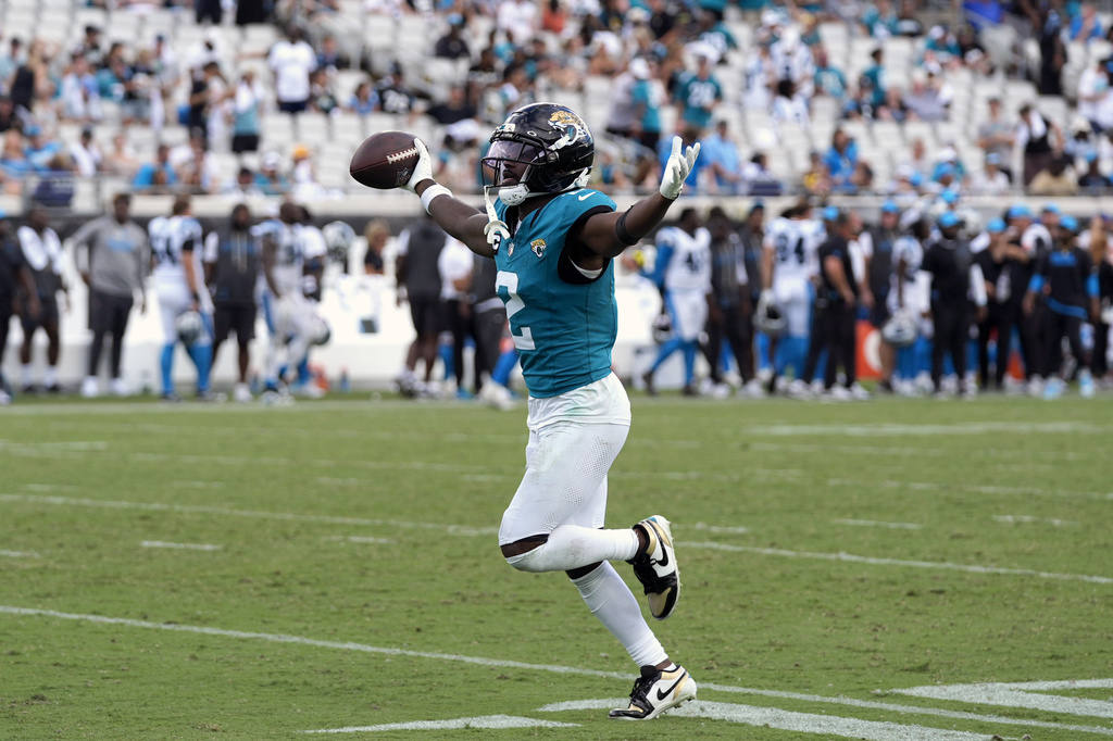 Jacksonville Jaguars cornerback Jourdan Lewis celebrates during the second half of an NFL football game against the Carolina Panthers, Sunday, Sept. 7, 2025, in Jacksonville, Fla. (AP Photo/John Raoux)
